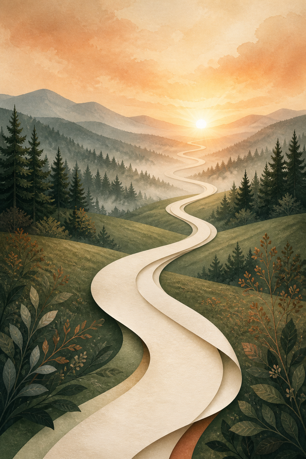 Sunlit desert path through sandstone hills toward a calm horizon